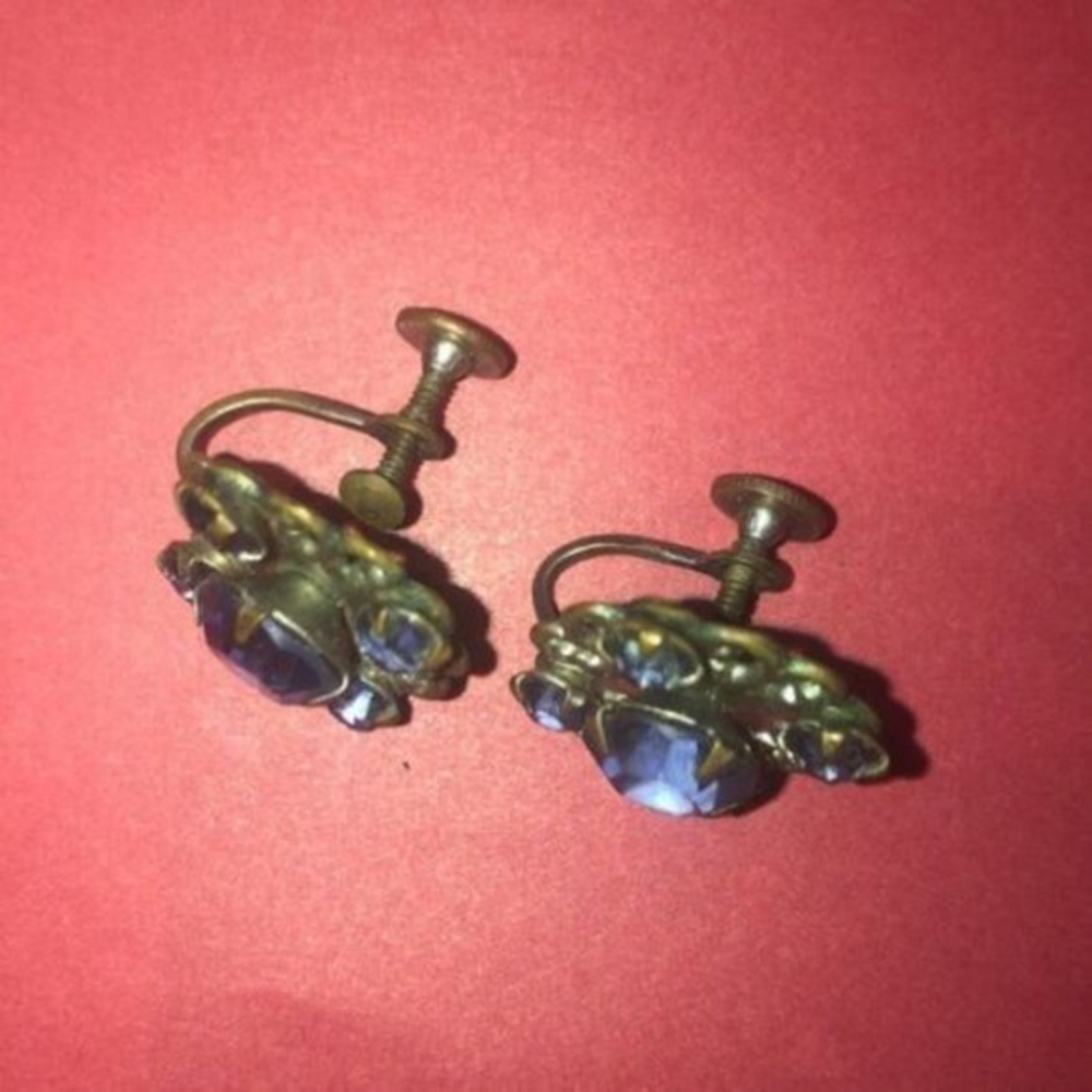 Vintage earrings Screw Backs Blue Rhinestones